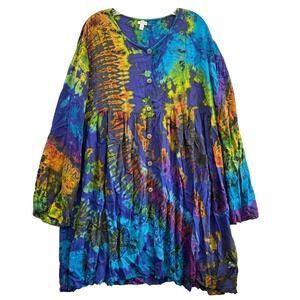 The Collection Royal Tie Dye Boho Tunic Dress Button Front Oversized Festival 1X